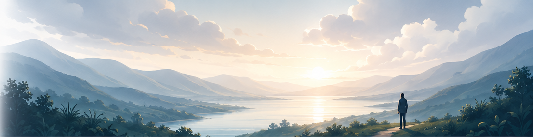 Coastal horizon at dawn — a calm sunrise scene beneath the hero section.